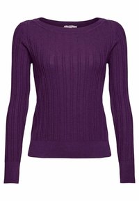 Lila gerippter Strickpullover mit langen Ärmeln und weitem Ausschnitt. Weiche Textur und figurbetontes Design, mit verstärkten Kanten an den Bündchen und dem Saum.