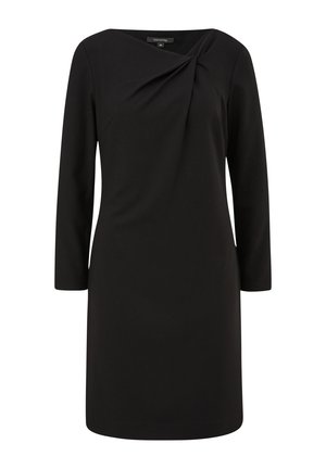 Czarna sukienka z okrągłym dekoltem i skręconym detalem z przodu. Posiada długie rękawy i prosty krój, wykonana z gładkiego materiału.