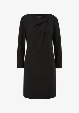 Czarna sukienka z okrągłym dekoltem i skręconym detalem z przodu. Posiada długie rękawy i prosty krój, wykonana z gładkiego materiału.
