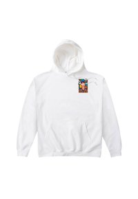 Bílá mikina s kapucí, se přední kapsou a barevným malým obdélníkovým grafickým motivem ženy nosící květinovou čelenku na hrudi.