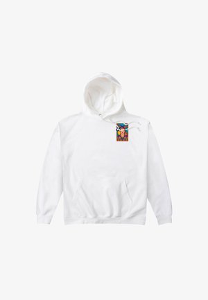 Biała bluza z kapturem, posiadająca kieszeń z przodu oraz kolorowy, mały prostokątny grafikę przedstawiającą kobietę w kwiecistej opasce na piersi.