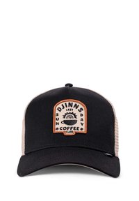 Black baseball cap with mesh sides, featuring a cream patch with text and a sun and coffee cup graphic. Rounded visor, adjustable fit.