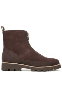 Brown suede ankle boot with a smooth finish, side zipper, textured sole, and a contrasting light brown edge around the base.
