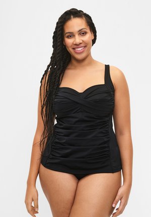 Zwarte zwemtanktop met gestructureerde sweetheart halslijn, gerimpelde textuur en verstelbare bandjes, gecombineerd met bijpassende zwarte zwembroekjes.