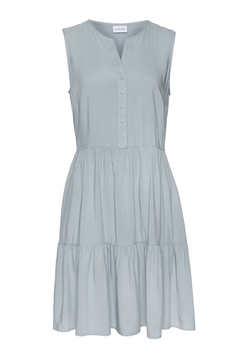 Světle modré bezramenné šaty s výstřihem ve tvaru V, s předním zapínáním na knoflíky a vrstvenou sukní. Jemný materiál s hladkou texturou.