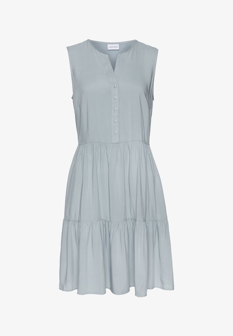 Světle modré bezramenné šaty s výstřihem ve tvaru V, s předním zapínáním na knoflíky a vrstvenou sukní. Jemný materiál s hladkou texturou.