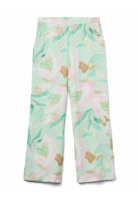 Pantaloni leggeri a gamba larga di colore verde menta con un motivo floreale nei toni del rosa, crema e marrone. Presentano due tasche laterali e un tessuto testurizzato.