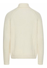 Gerippter cremefarbener Pullover mit hohem Kragen, langen Ärmeln und gefittetem Saum. Verfügt über nahtlose Raglanärmel für Komfort und Bewegungsfreiheit.