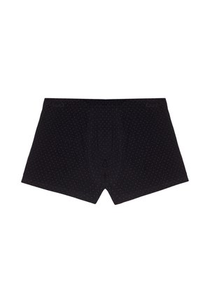 Schwarze Boxerbriefs für Herren mit kleinen roten Punkten, elastischem Bund und konturiertem Pouch auf weißem Hintergrund.