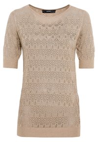 Top de punto de manga corta en color beige que presenta un patrón en zigzag, cuello redondo y tejido texturizado. Tela suave con un corte relajado.