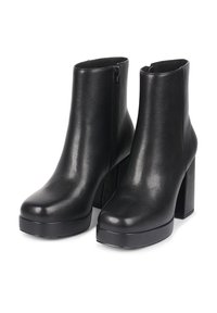 Black faux leather ankle boots with a high block heel and platform sole. Features a smooth texture and side zipper for closure.