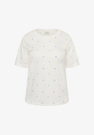 Weißes T-Shirt aus weicher Baumwolle mit lockerem Schnitt, kurzen Ärmeln und einem durchgehenden Muster aus kleinen blauen Herzen.