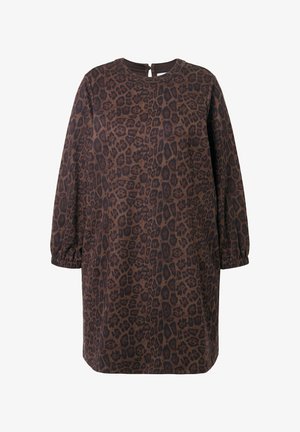 Ruskea leopardikuosisella mekolla, joka on valmistettu pehmeästä kankaasta. Mekossa on pitkät hihat, pyöreä pääntie ja avonainen yksityiskohta selässä.