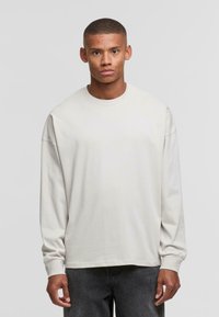 Camiseta de manga larga en gris claro, hecha de algodón suave, con un escote redondo y un corte holgado. Diseño simple, sin patrones ni acentos visibles.