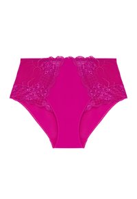 Mutande a vita alta di un vivace colore rosa con dettagli in pizzo lungo la vita, caratterizzate da una texture liscia e bordi scallop.