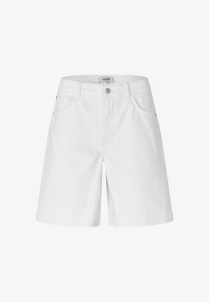 Biele rifľové šortky strednej dĺžky s predným gombíkom, zipsom, pútkami na opasok a bočnými vreckami, zobrazené na jednoliatom pozadí.