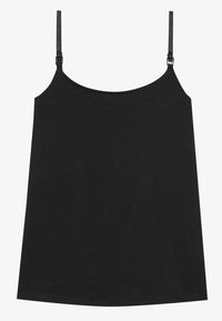 Μαύρη αμάνικη μπλούζα φτιαγμένη από μαλακό ύφασμα, με ρυθμιζόμενες τιράντες και ίσια κόψη. Απλός σχεδιασμός χωρίς σχέδια.