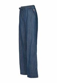 Pantaloni din denim de culoare albastru închis, cu croială largă, talie cu șnur și buzunare laterale, având un mic detaliu brodat în față.