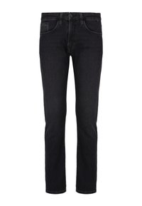 Black denim jeans with a straight-leg cut, five-pocket design, slight fading, and a metal button fastening at the waist.