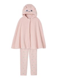 Soft pink hooded cape with cat face and ears paired with matching pink leggings featuring small cat and star patterns.