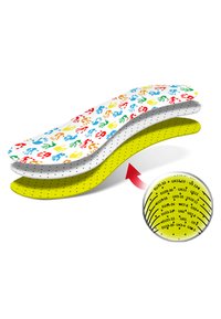 Multilayer insoles featuring a top layer with colorful handprints, a white middle layer with perforations, and a textured yellow base layer.