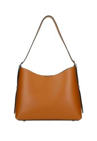 Borsa a spalla in pelle marrone con una silhouette curva, dettagli neri ai bordi e una sola tracolla regolabile. Texture liscia.