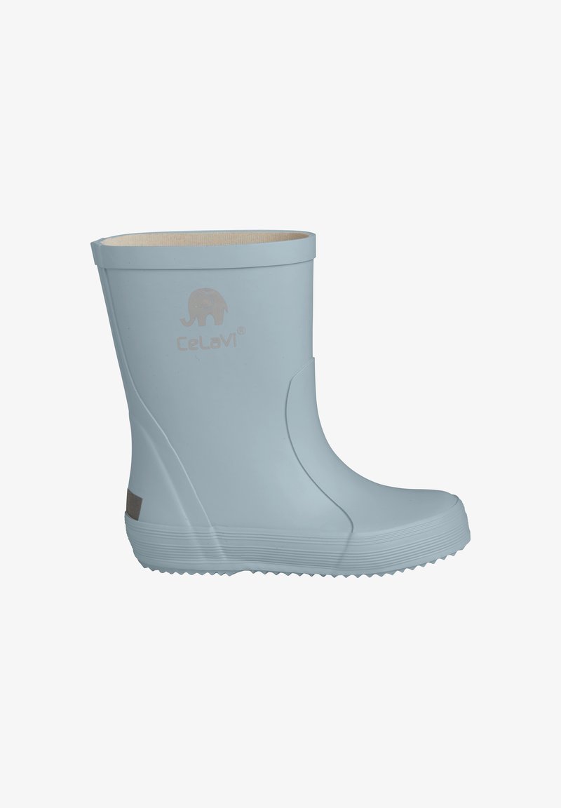 Botte de pluie en caoutchouc bleu clair avec une semelle texturée, présentant un intérieur beige et un logo d'éléphant en relief sur le côté.