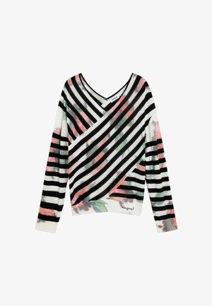 Pulover cu dungi și decolteu în V, cu linii negre și albe și modele abstracte colorate. Confecționat dintr-un material moale, cu mâneci lungi.