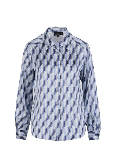 Camicia alla moda con motivo geometrico blu e azzurro chiaro, chiusura con bottoni frontale, collo a punta e maniche lunghe con polsini.