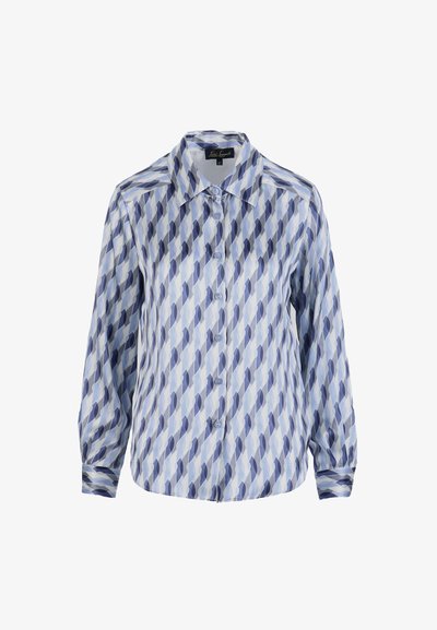 Camicia alla moda con motivo geometrico blu e azzurro chiaro, chiusura con bottoni frontale, collo a punta e maniche lunghe con polsini.