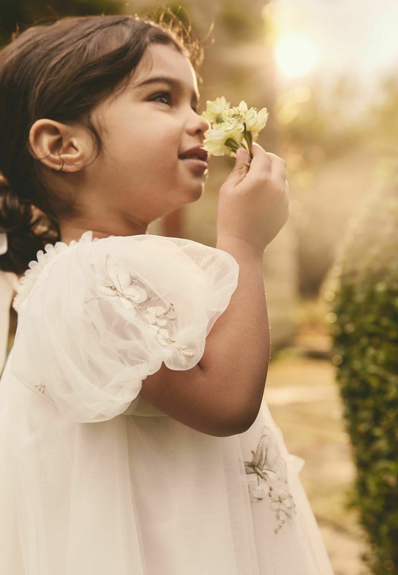Robe Fille/enfant NEXT - Imprimé Fleurs, Blanc/vert/jaune, Taille 4 Ans, Sans Manches - Occasion TB