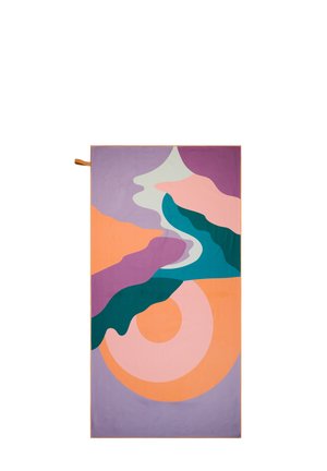 Abstract design beach towel with pastel purple, pink, orange, teal, and white organic shapes and a hanging loop on a white background.