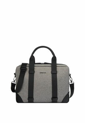 Maletín de tela gris y cuero negro con dos asas, correa de hombro ajustable y logo "CERRUTI 1881" en el frente.