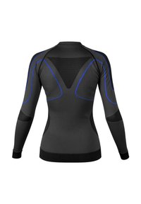 Long-sleeve athletic shirt in black with blue accents. Features a fitted design, textured panels, and ribbed cuffs. Back view shown.
