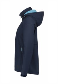 Giubbotto softshell blu navy con cappuccio, con un interno azzurro chiaro, tasche con zip e polsini elastici con rivestimento morbido.