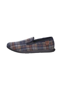 Pantofole slip-on a motivo tartan, con una combinazione di colori blu navy, marrone e beige, dotate di una morbida tomaia in tessuto e suola in gomma nera.