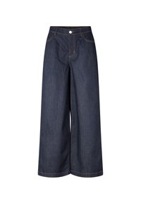 Jeans de pierna ancha en denim oscuro con costuras naranjas, bolsillos frontales, un cierre de botón único y corte recto. Textura suave.