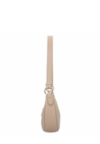 Borsa a tracolla in pelle beige con una texture liscia, profilo snello e una lunga tracolla regolabile. Presenta una cerniera laterale e dettagli in metallo.