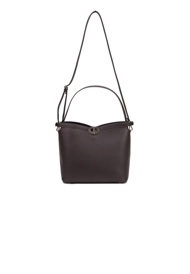 Sac à main en cuir noir au design structuré, doté d'une double poignée et d'une bandoulière ajustable. Détail du logo sur le devant.