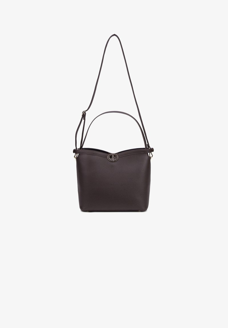 Schwarze Lederhandtasche mit strukturiertem Design, ausgestattet mit einem Doppelgriff und einem verstellbaren Schulterriemen. Frontlogo als Akzentdetail.