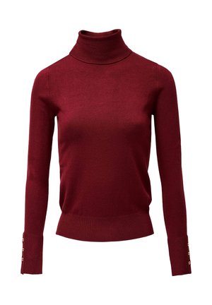 Suéter burdeos de cuello alto con mangas largas, diseño ajustado, textura suave y detalles de botones en los puños.