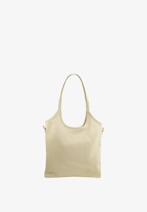 Beige leren tote bag met een gladde textuur, dubbele schouderbanden en een eenvoudige, onversierde rechthoekige vorm. Details in goudkleurig metaal.