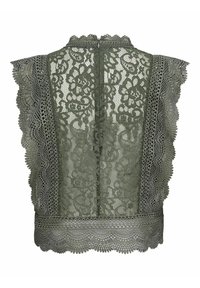 Blouse sans manches en dentelle verte avec motifs floraux, bords festonnés et fermeture éclair au dos.