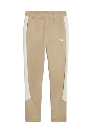 Beige joggingbroek met witte zijpanelen, elastische tailleband en zakken. Gemaakt van zachte stof met een gladde textuur. Kenmerkt zich door het Puma-logo.
