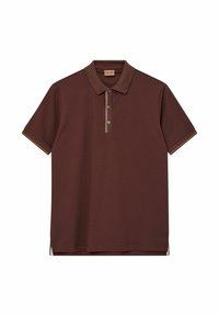 Braunes Poloshirt aus Baumwolle mit Kragen, drei Knöpfen und kontrastierenden Akzenten in Hellbraun und Blau entlang der Knopfleiste und Ärmel.