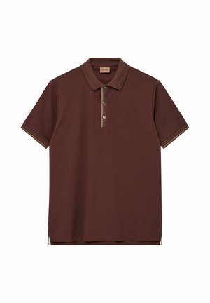 Braunes Poloshirt aus Baumwolle mit Kragen, drei Knöpfen und kontrastierenden Akzenten in Hellbraun und Blau entlang der Knopfleiste und Ärmel.