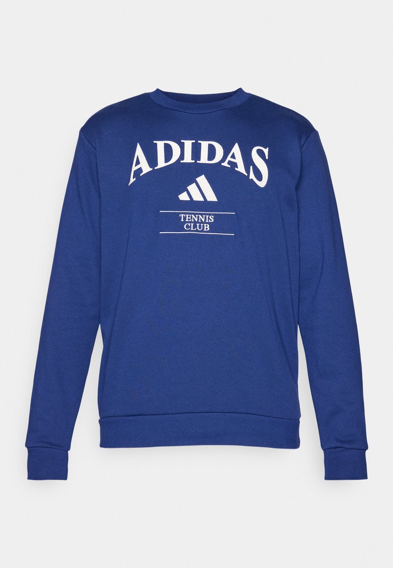 Sudadera azul de Adidas con mangas largas, cuello redondo, texto gráfico del logo en el frente y detalles de club de tenis. Material suave de mezcla de algodón.