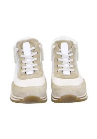Beige suede and white leather sneaker with textured accents, round laces, and a rubber sole. Features a fluffy collar and padded tongue.