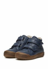 Mörkblå läder högskor med dubbla Velcro-remmar, beige gummisulor och mjukt beige foder för komfort och värme.