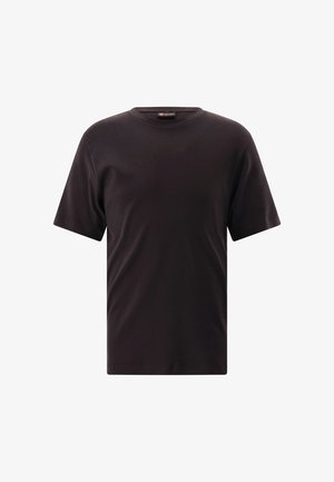 Schwarzes, schlichtes T-Shirt mit kurzem Arm und Rundhalsausschnitt auf weißem Hintergrund, Vorderansicht, ohne Muster oder Logos.